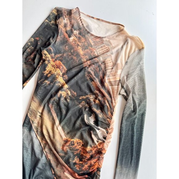 ZARA Grey Orange Landscape Print Mesh Long Sleeve Ruched Maxi Dress, Size M - Picture 6 of 16